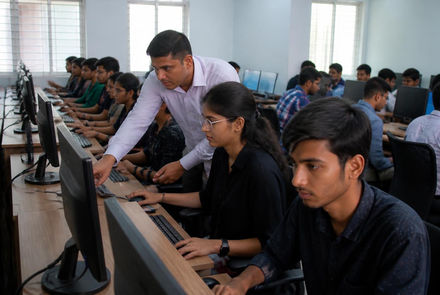 College students working together in a computer lab